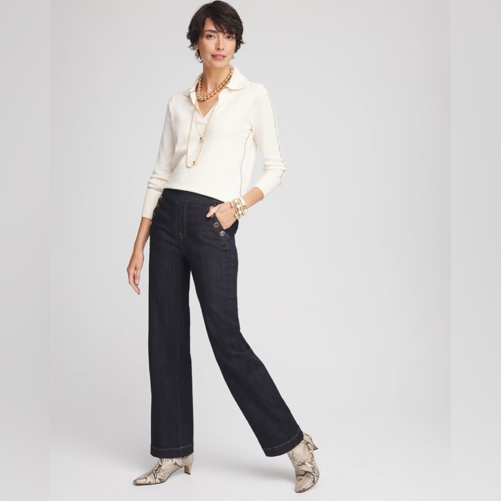 NWT Chico’s Wide Leg Pull On Jeans Crestone Peak Rinse Size 12 Modern Nautical - Picture 3 of 12